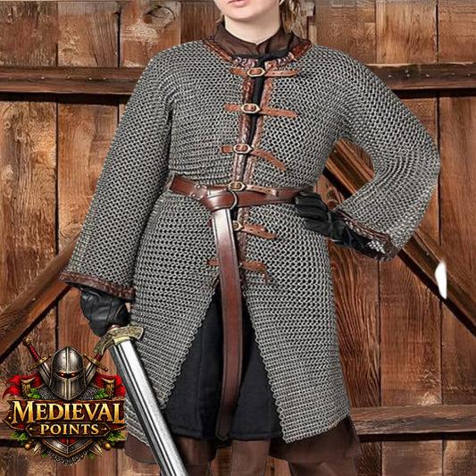9 mm Chainmail Hauberk : Medieval Viking front open Shirt, Full Sleeve for Halloween