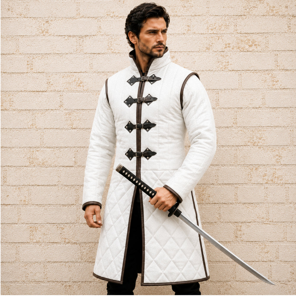 Medieval Long Gambeson with Black Leather Trim | Renaissance Faire, LARP & Halloween Costume
