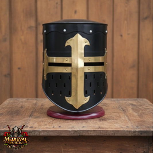 Black Knight Helmet with Wooden Stand – Collectible Armor, Museum Display,