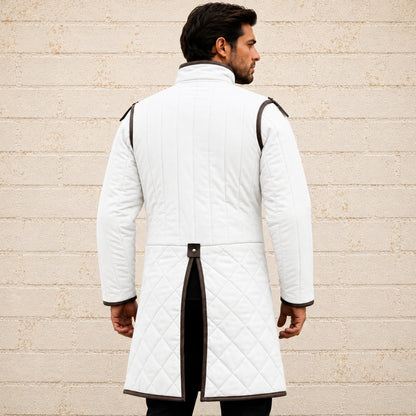 Medieval Long Gambeson with Black Leather Trim | Renaissance Faire, LARP & Halloween Costume