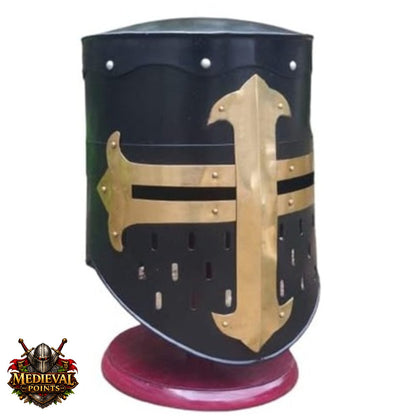 Black Knight Helmet with Wooden Stand – Collectible Armor, Museum Display,