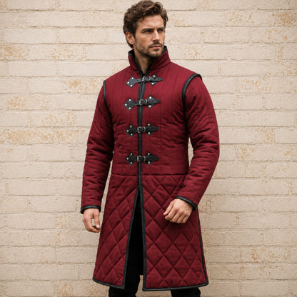 Medieval Long Gambeson with Black Leather Trim | Renaissance Faire, LARP & Halloween Costume