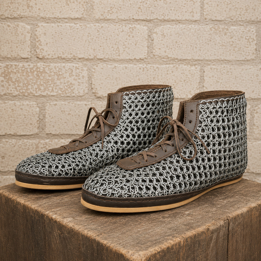 Riveted Chainmail Boots – 9mm Flat Ring Maille Footwear for LARP, Renaissance & Warrior Costumes