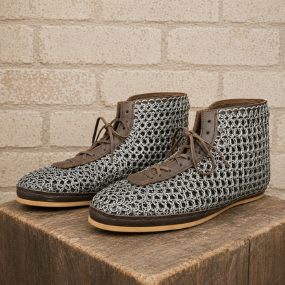 Riveted Chainmail Boots – 9mm Flat Ring Maille Footwear for LARP, Renaissance & Warrior Costumes