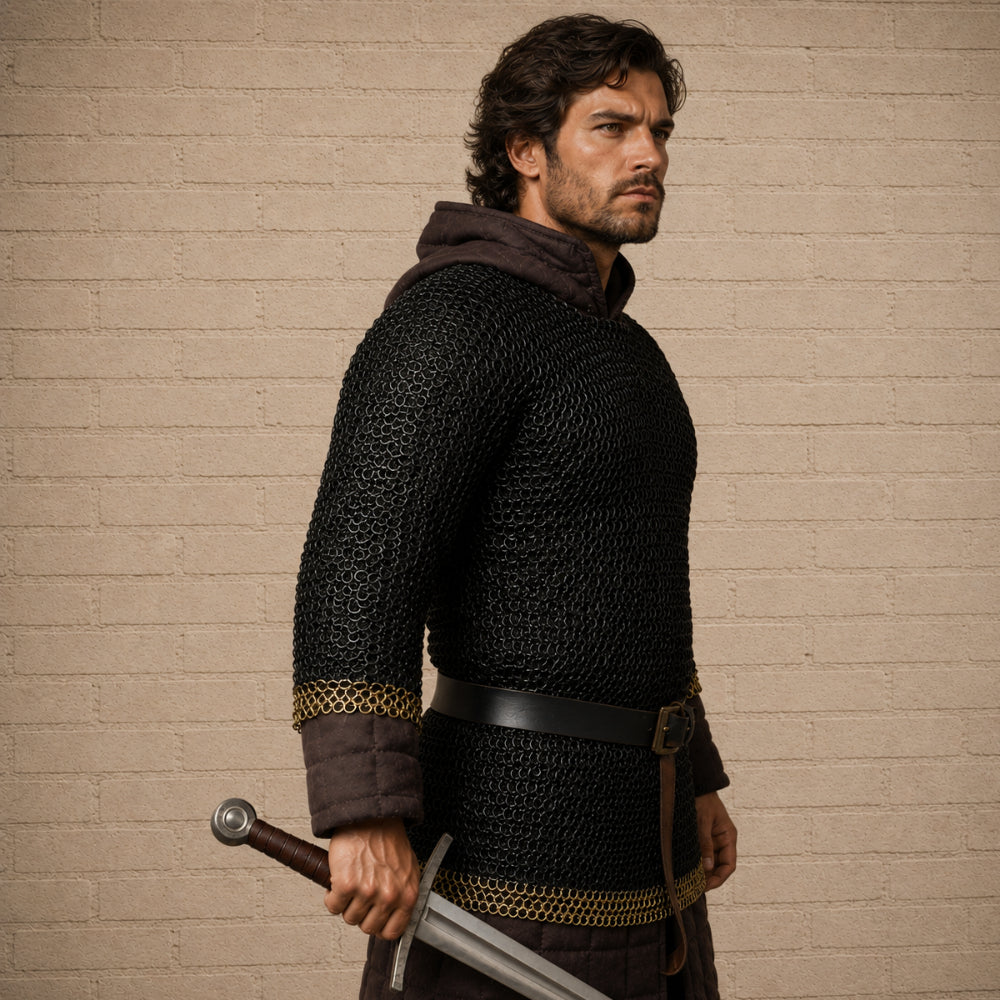 9mm Riveted Chainmail Haubergeon – Flat Ring Viking Armor with Brass Trim