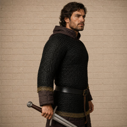 9mm Riveted Chainmail Haubergeon – Flat Ring Viking Armor with Brass Trim