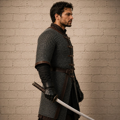Dark Gray Aluminum Chainmail Hauberk – 9mm Flat Ring Half Sleeve Front Open Armor