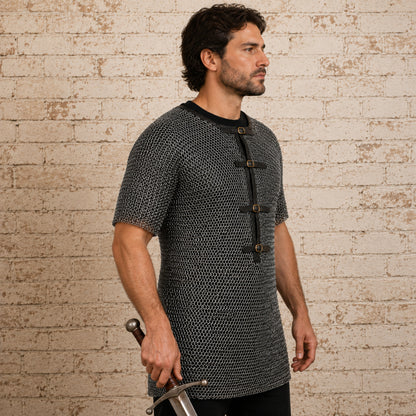 9MM Flat Ring Riveted Chainmail Shirt – Half Sleeve Medieval Armor Costume in Mild Steel for Ren Faire & LARP