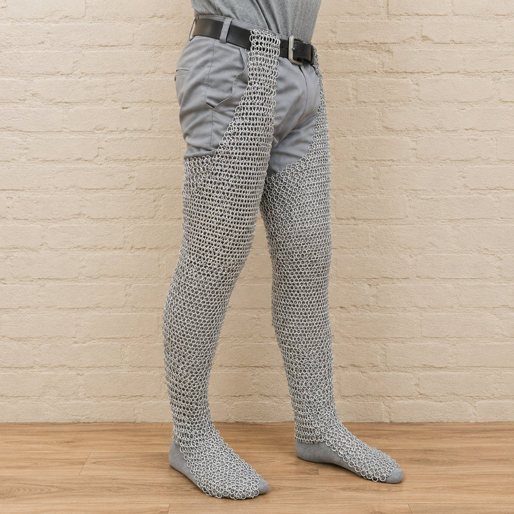 9mm Riveted Aluminum Chainmail Chausses – Flat Ring Medieval Leg Armor for LARP & Reenactment