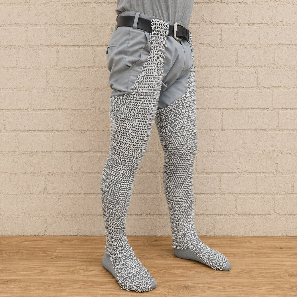 9mm Aluminum Chainmail Chausses – Round Riveted Medieval Leg Armor for LARP, Reenactment & Cosplay