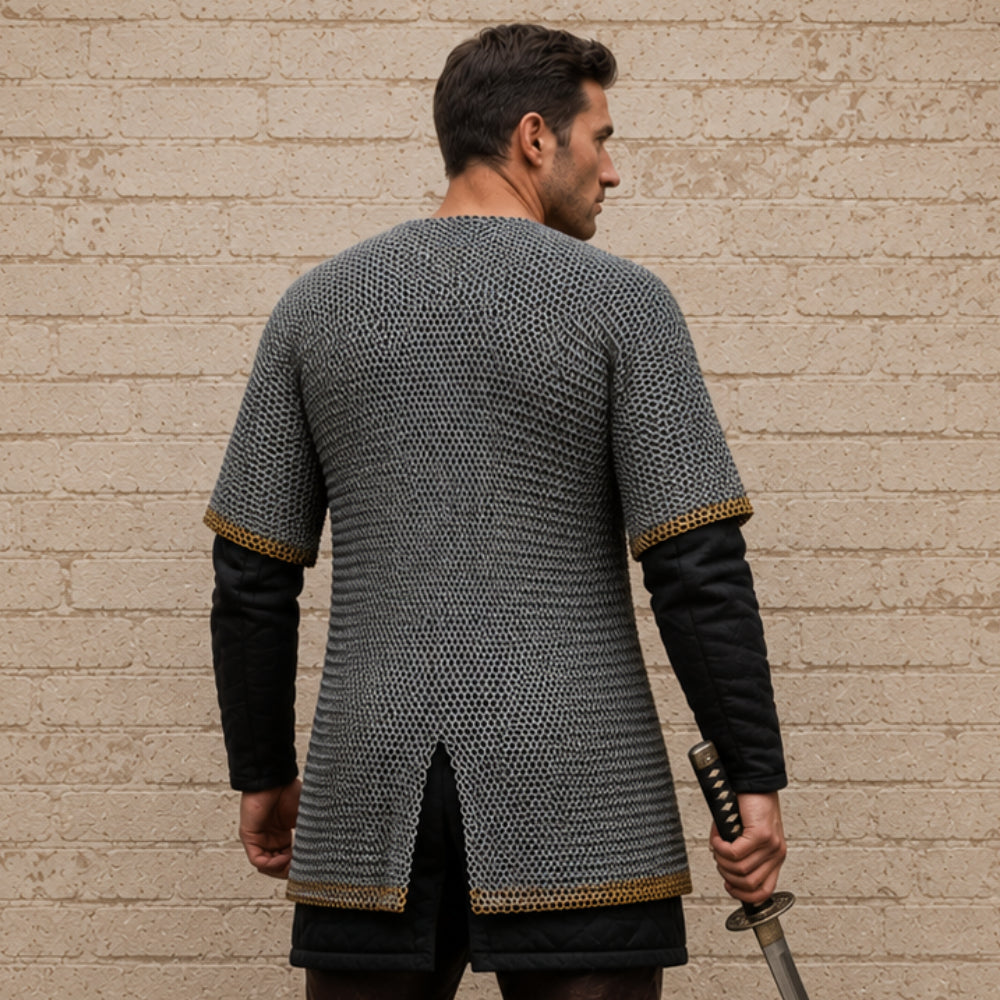 8mm Riveted Chainmail Shirt – Half Sleeve Medieval Haubergeon with Brass Edge