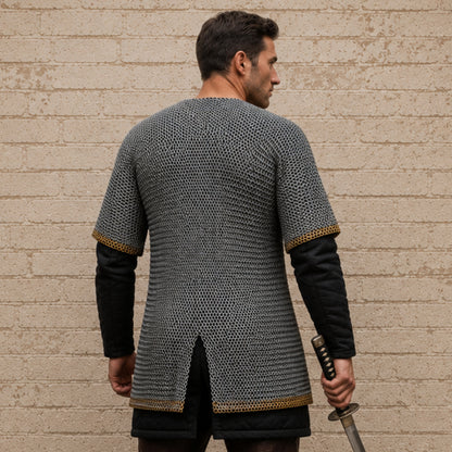 8mm Riveted Chainmail Shirt – Half Sleeve Medieval Haubergeon with Brass Edge
