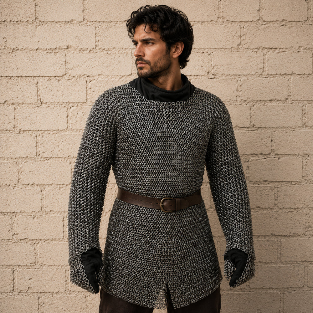 9MM Mild Steel Chainmail Hauberk with Attached Gloves – Flat Riveted Medieval Armor