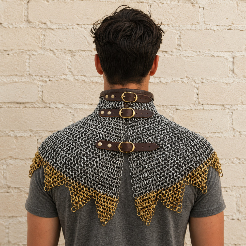 Chainmail Gorget Collar with Zig-Zag Brass Edges – 9mm Flat Riveted Rings