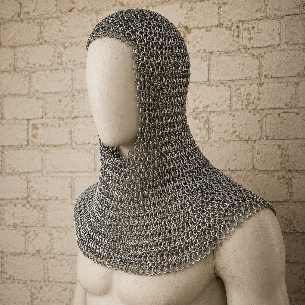 9MM Sleeveless Chainmail Hauberk – Round Ring Riveted Aluminum Armor with Brown Leather Trim