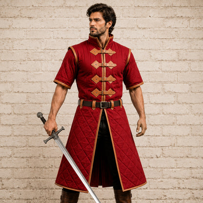 Medieval Padded Gambeson – Royal Blue Cotton Armor with Tan Leather Trim, Renaissance Fair Costume