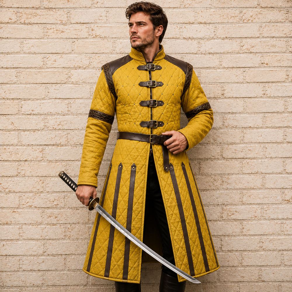Medieval Padded Gambeson with Brown Leather Trim – Viking LARP Armor