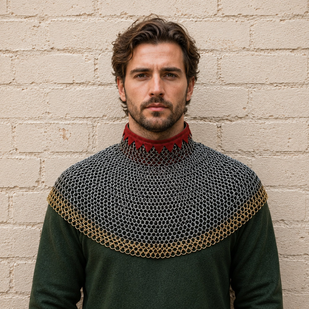 6mm Riveted Chainmail Collar with Brass Trim – Bishop Mantle for Medieval Costumes, LARP & Halloween Gifts