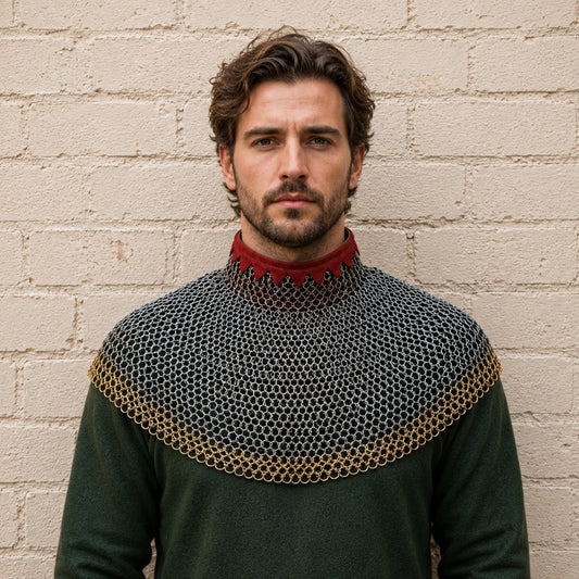 6mm Riveted Chainmail Collar with Brass Trim – Bishop Mantle for Medieval Costumes, LARP & Halloween Gifts