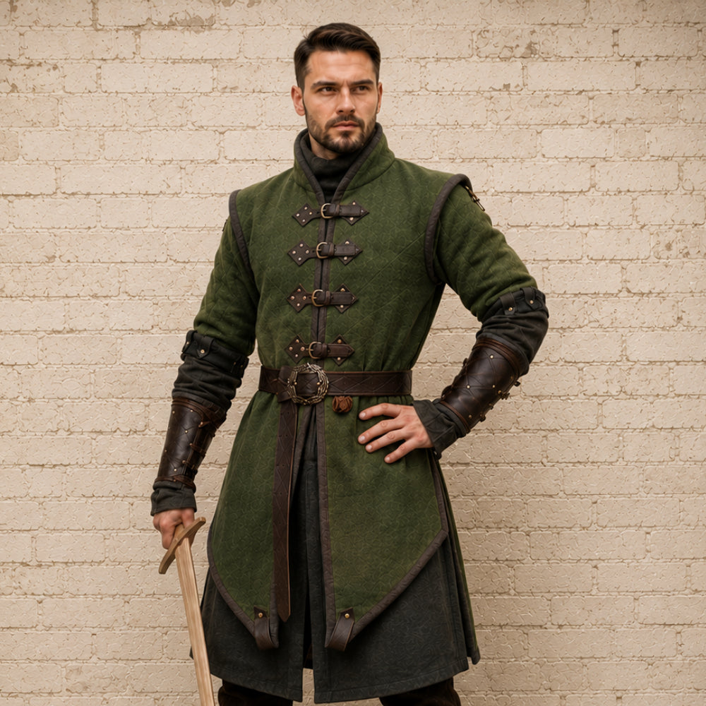 Medieval Padded Gambeson with Brown Leather Trim | Viking Costume for LARP, Ren Faire & Reenactment Events