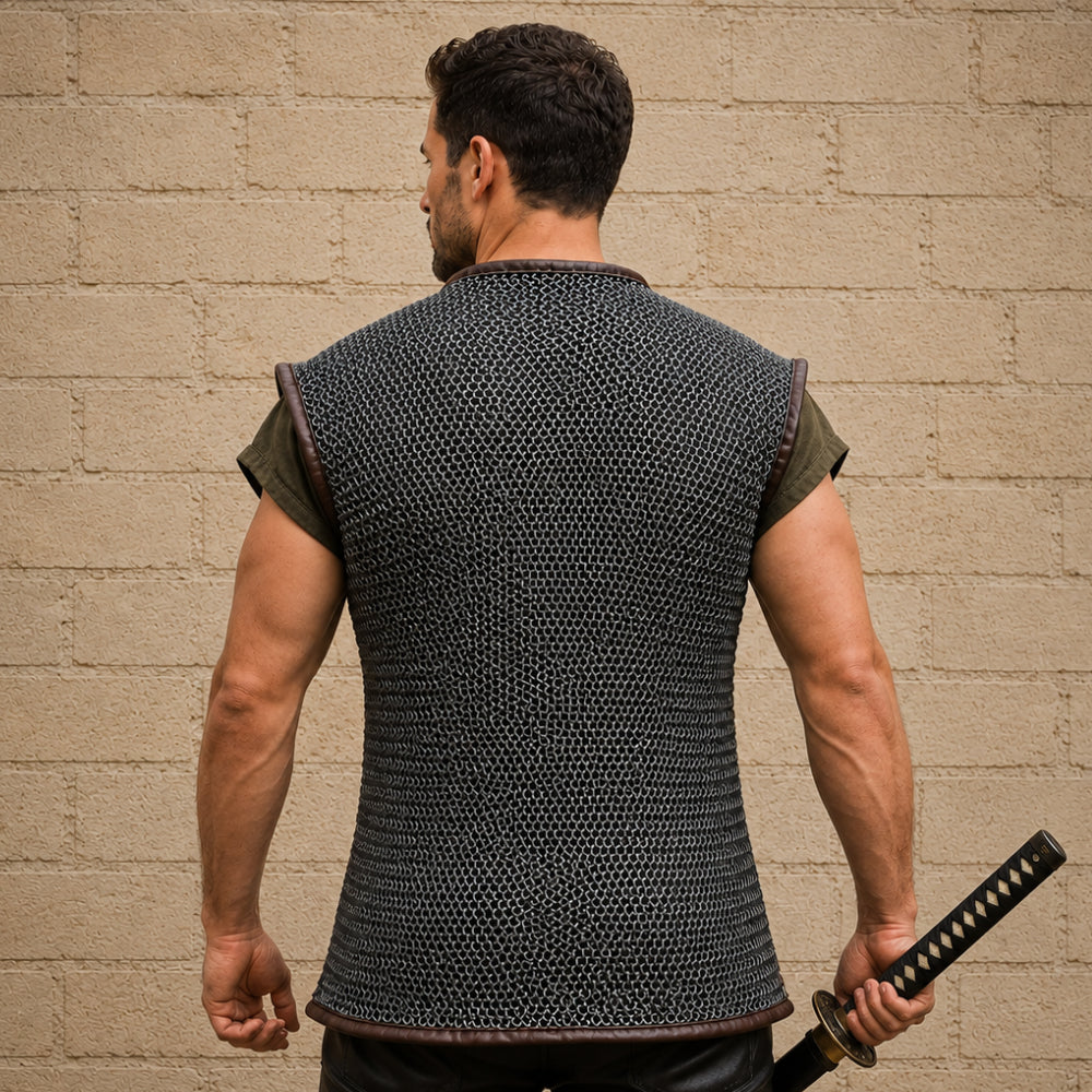 9MM Flat Riveted Chainmail Shirt with Washers – Sleeveless Medieval Costume Armor