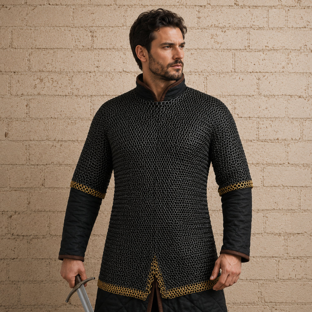 9mm Flat Riveted Chainmail Shirt with Double Brass Trim – Solid Ring Mail Armor