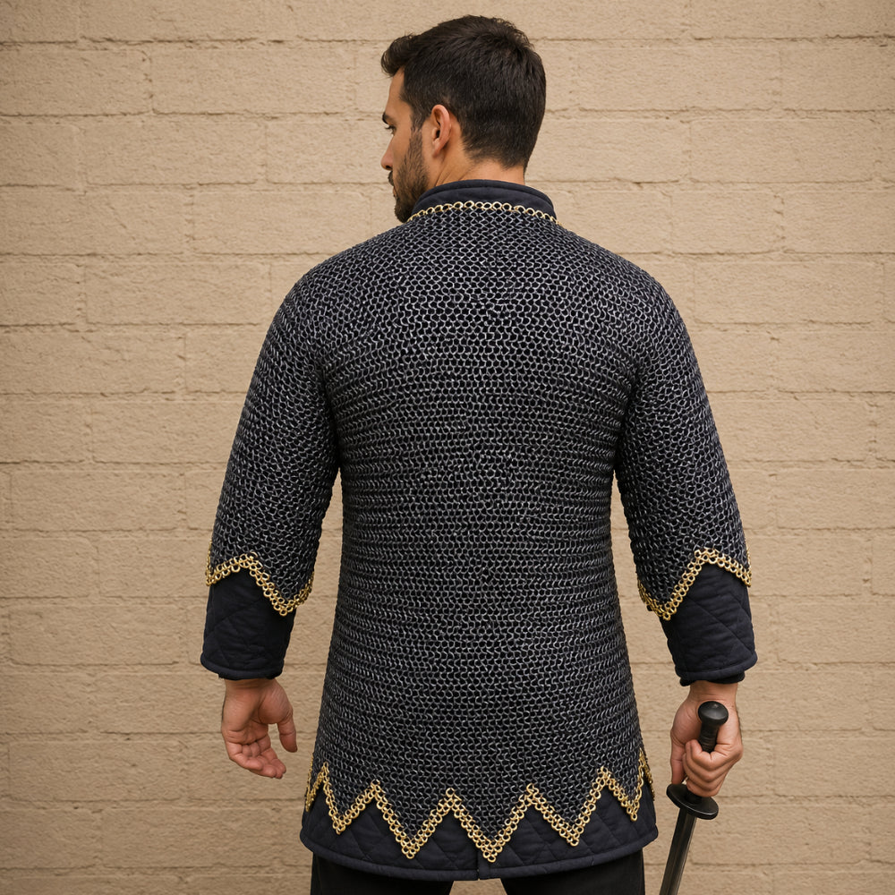 Blackened Chainmail Shirt – 9MM Flat Riveted Armor with Brass Zigzag Border