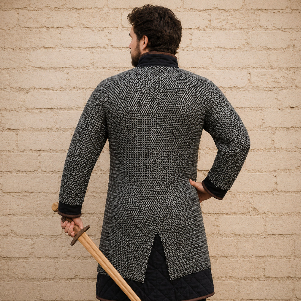 8MM Flat Riveted Chainmail Shirt with Solid Rings – Medieval Hauberk Armor