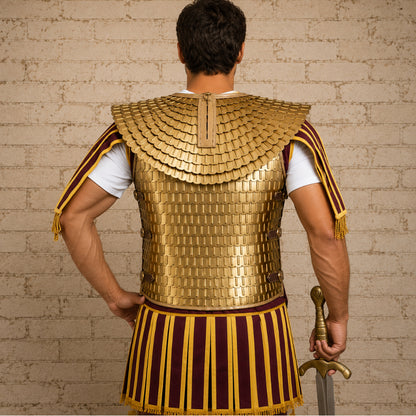 Brass Scale Lorica Squamata Armor – Roman Empire Scale Mail with Leather Trim Edges