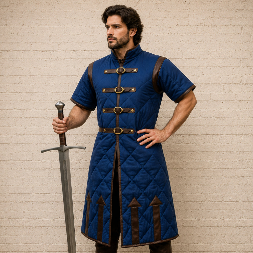 Medieval Gambeson with Brown Leather Trim | Padded Cotton Armor, Half Sleeves & Open Armpit Design