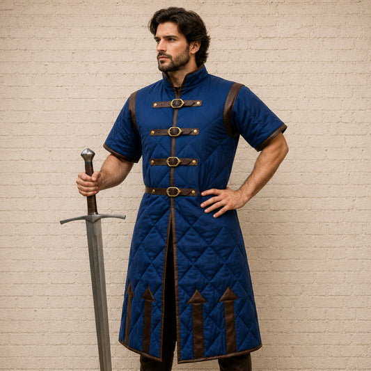 Medieval Gambeson with Brown Leather Trim | Padded Cotton Armor, Half Sleeves & Open Armpit Design