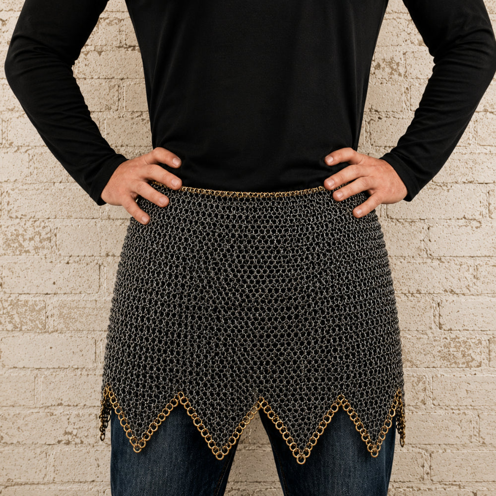 Medieval Chainmail Skirt – 9mm Flat Riveted Steel Armor with Brass Zigzag Trim
