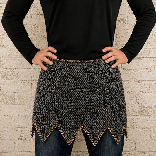 Medieval Chainmail Skirt – 9mm Flat Riveted Steel Armor with Brass Zigzag Trim