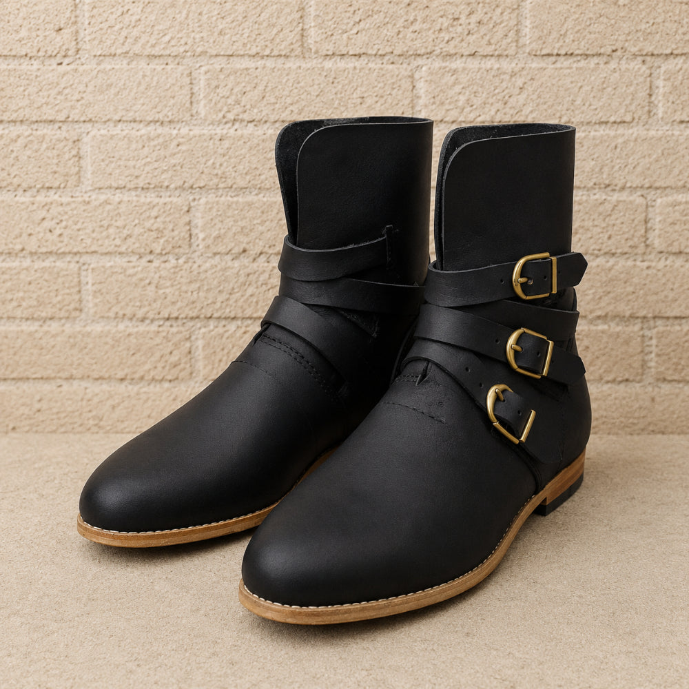 Late Medieval Leather Buckle Boots – Brown & Black Medieval Footwear