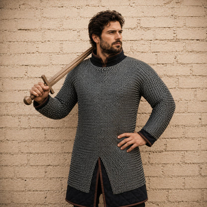 9MM Flat Riveted Chainmail Shirt with Solid Rings – Medieval Hauberk Armor for Halloween & Cosplay Gift