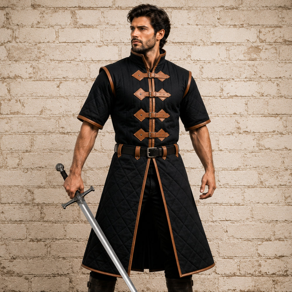 Medieval Padded Gambeson – Royal Blue Cotton Armor with Tan Leather Trim, Renaissance Fair Costume