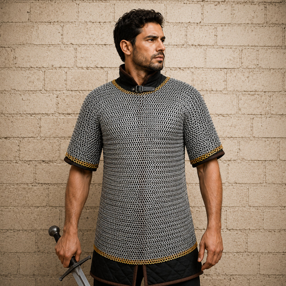 9mm Haubergeon Chainmail Shirt with Brass Trim – Flat Riveted Ring Armor