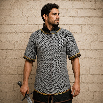 9mm Haubergeon Chainmail Shirt with Brass Trim – Flat Riveted Ring Armor