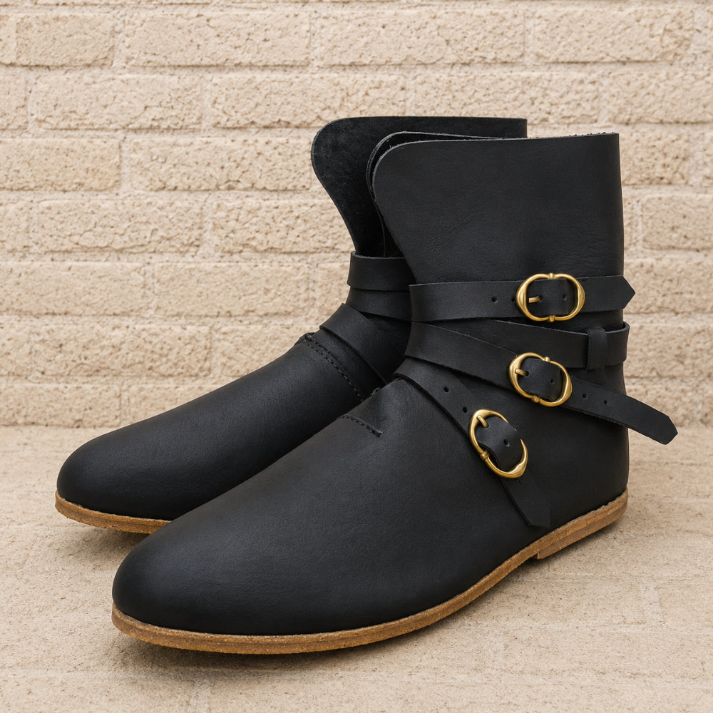 Late Medieval Leather Buckle Boots – Brown & Black Medieval Footwear