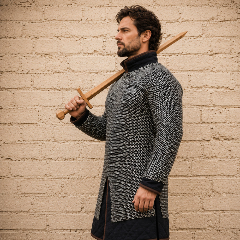 9MM Flat Riveted Chainmail Shirt with Solid Rings – Medieval Hauberk Armor for Halloween & Cosplay Gift