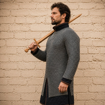9MM Flat Riveted Chainmail Shirt with Solid Rings – Medieval Hauberk Armor for Halloween & Cosplay Gift