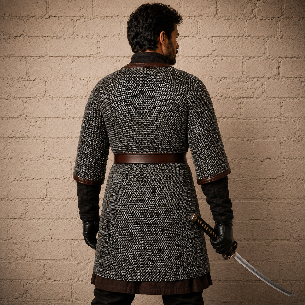 Dark Gray Aluminum Chainmail Hauberk – 9mm Flat Ring Half Sleeve Front Open Armor