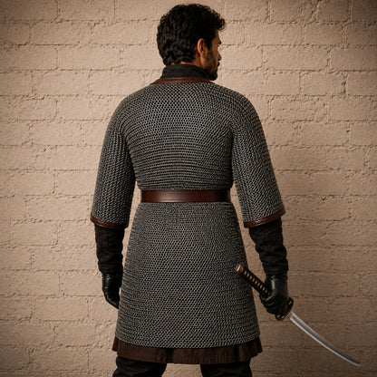 Dark Gray Aluminum Chainmail Hauberk – 9mm Flat Ring Half Sleeve Front Open Armor