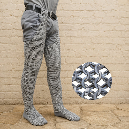 9mm Riveted Aluminum Chainmail Chausses – Flat Ring Medieval Leg Armor for LARP & Reenactment