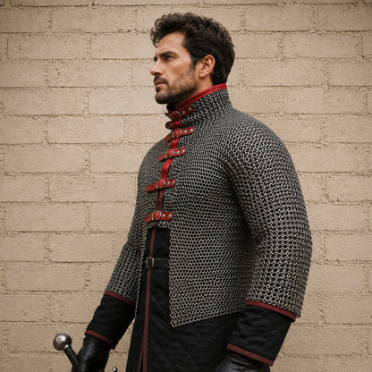 Chainmail Half Hauberk – 9MM Flat Riveted Rings with Leather Trim