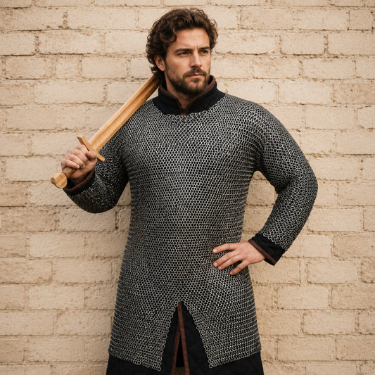 8MM Flat Riveted Chainmail Shirt with Solid Rings – Medieval Hauberk Armor