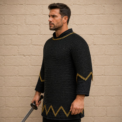 Blackened Chainmail Shirt – 9MM Flat Riveted Armor with Brass Zigzag Border