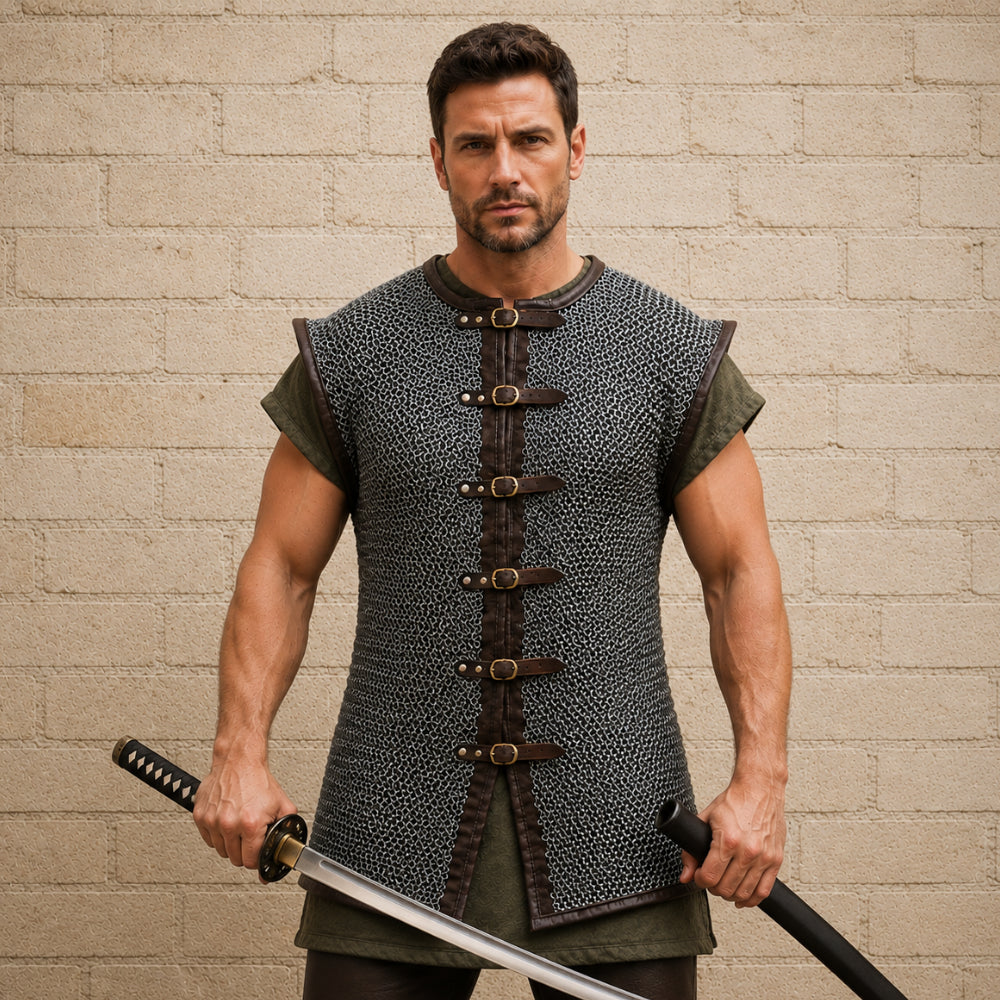9MM Flat Riveted Chainmail Shirt with Washers – Sleeveless Medieval Costume Armor