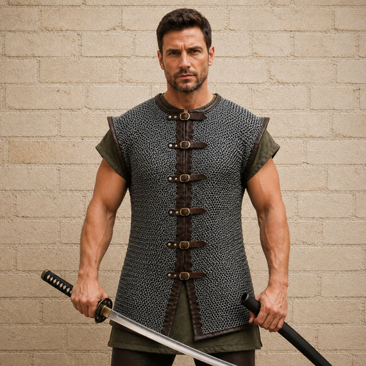 9MM Flat Riveted Chainmail Shirt with Washers – Sleeveless Medieval Costume Armor