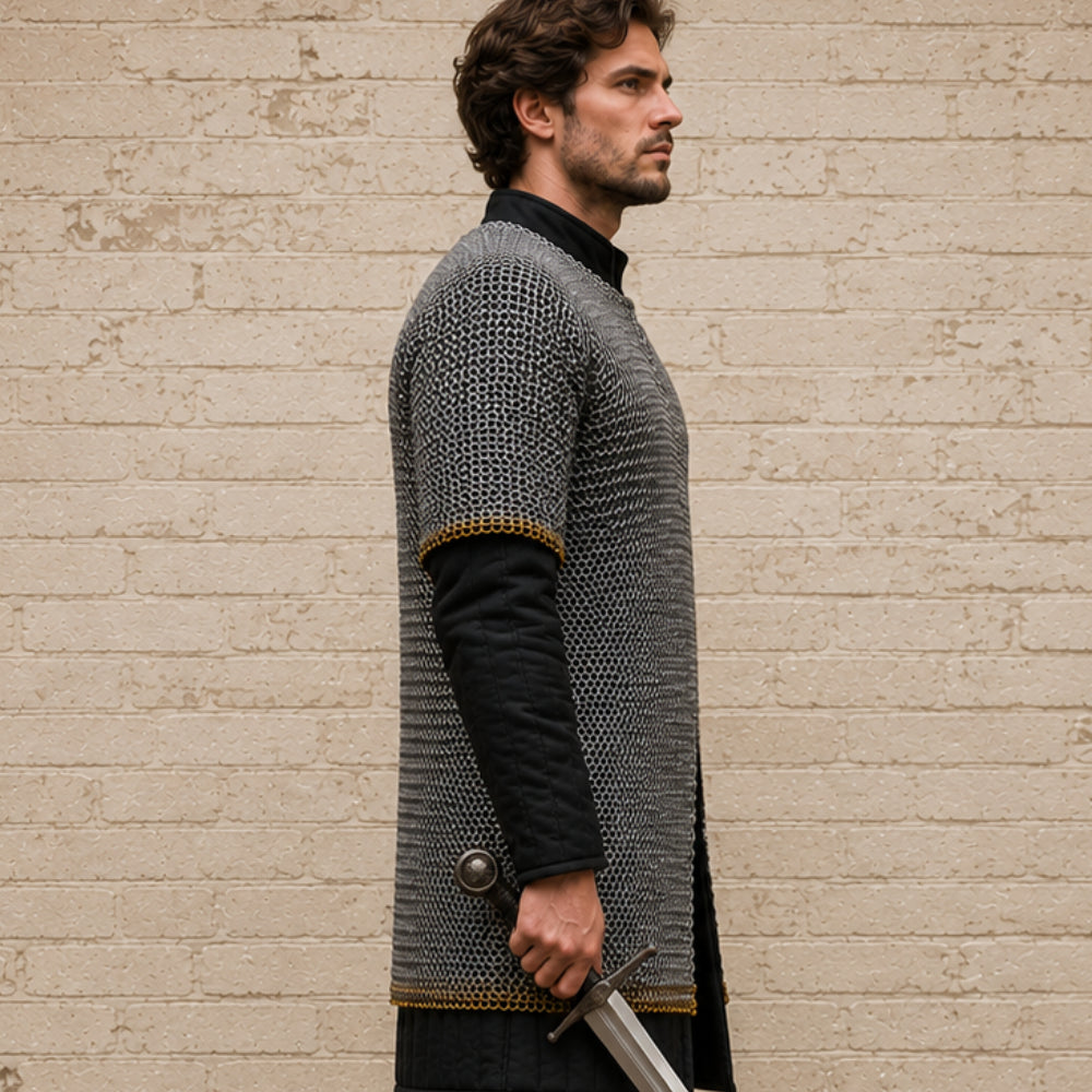 8mm Riveted Chainmail Shirt – Half Sleeve Medieval Haubergeon with Brass Edge